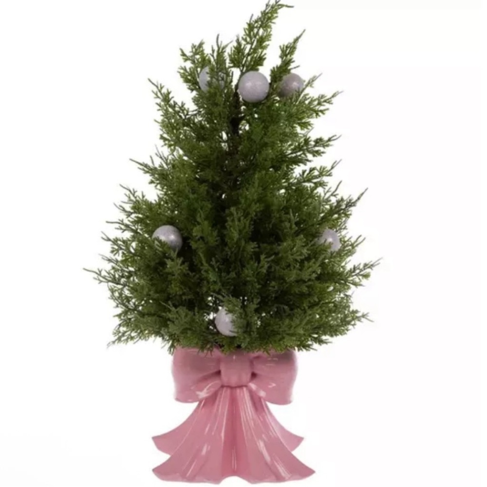 New! Viral Cedar Tree in Pink Bow Base with Glitter Ornaments from Hobby Lobby
